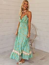 Floral-Print Lotus Leaf V Collar Bohemia Maxi Dress