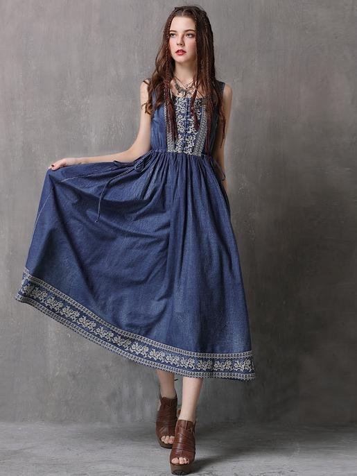 Ethnic Style Drawstring Embroidery Large Size Vest Denim Dress