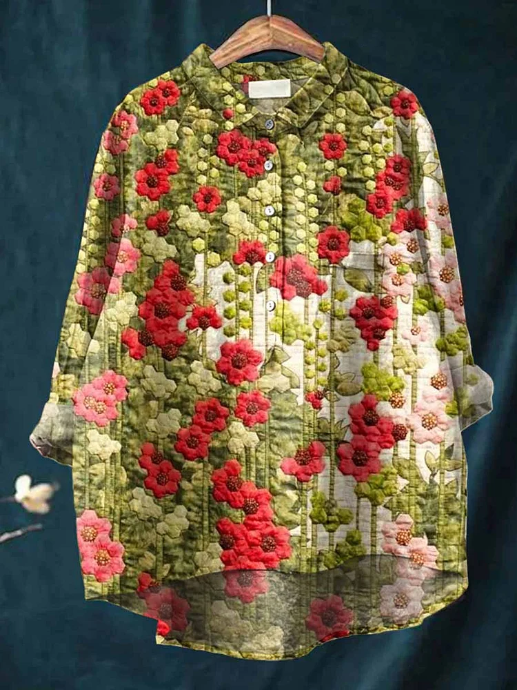 Womens Art Oil Painting Floral Pattern Casual Cotton And Linen Shirt