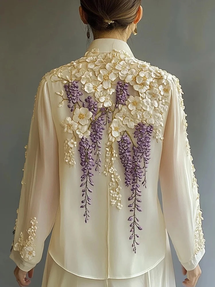 Women's Elegant Floral Embroidered Chiffon Shirt