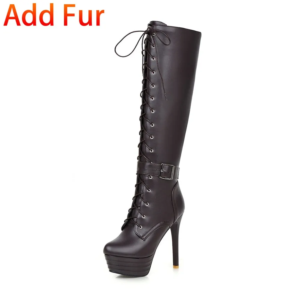 BONJOMARISA Plus Size 31-45 shoes lace 13 Cm Super High Heels Mortorcycle Boots Women 2020 Fashion High Platform Shoes Woman