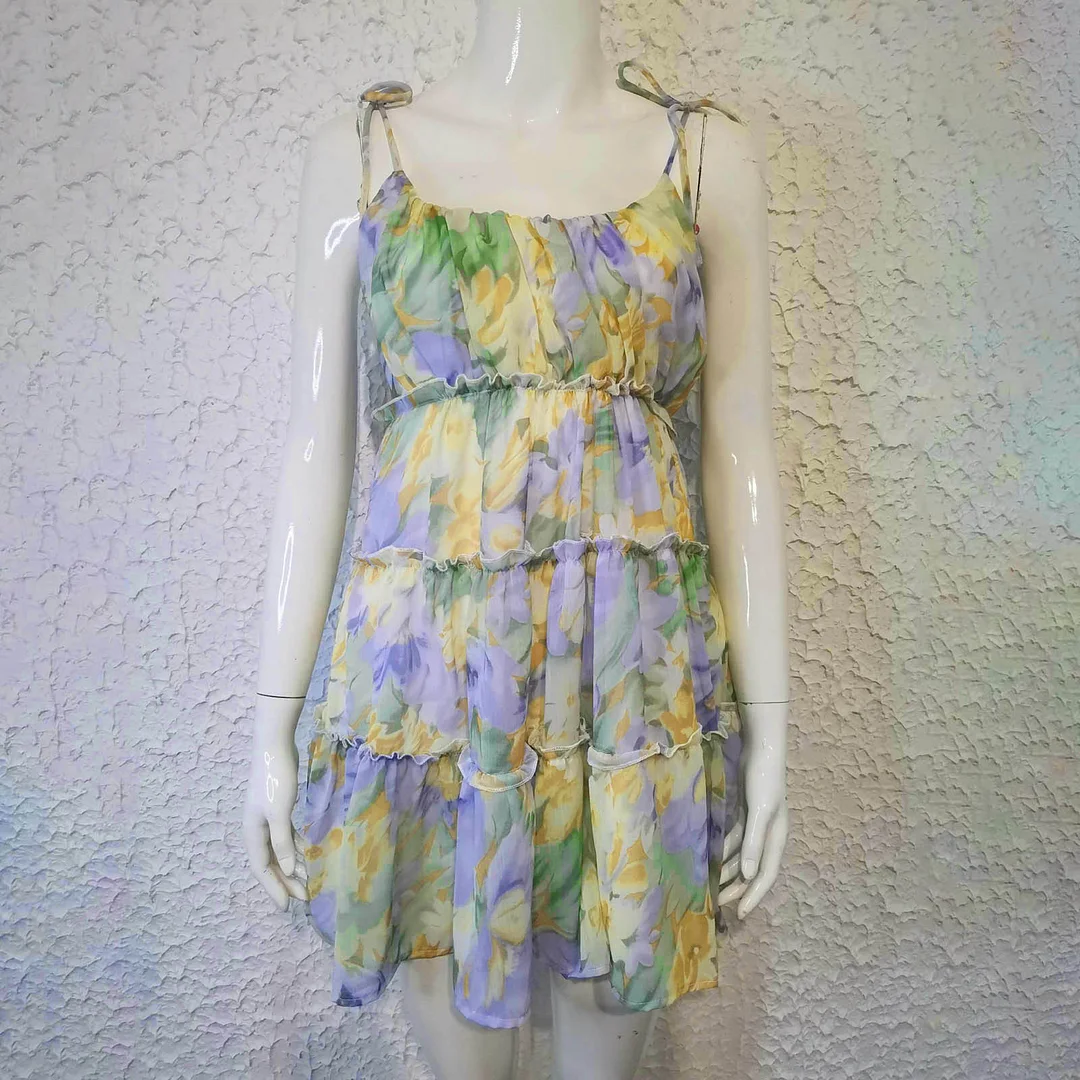 Sexy Chiffon Layer Ruffles Summer Strappy Dress Floral Print Holiday Backless Suspender Mini Dress