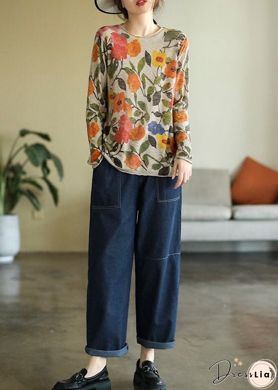 Women Beige O-Neck Print Knit Tops Fall