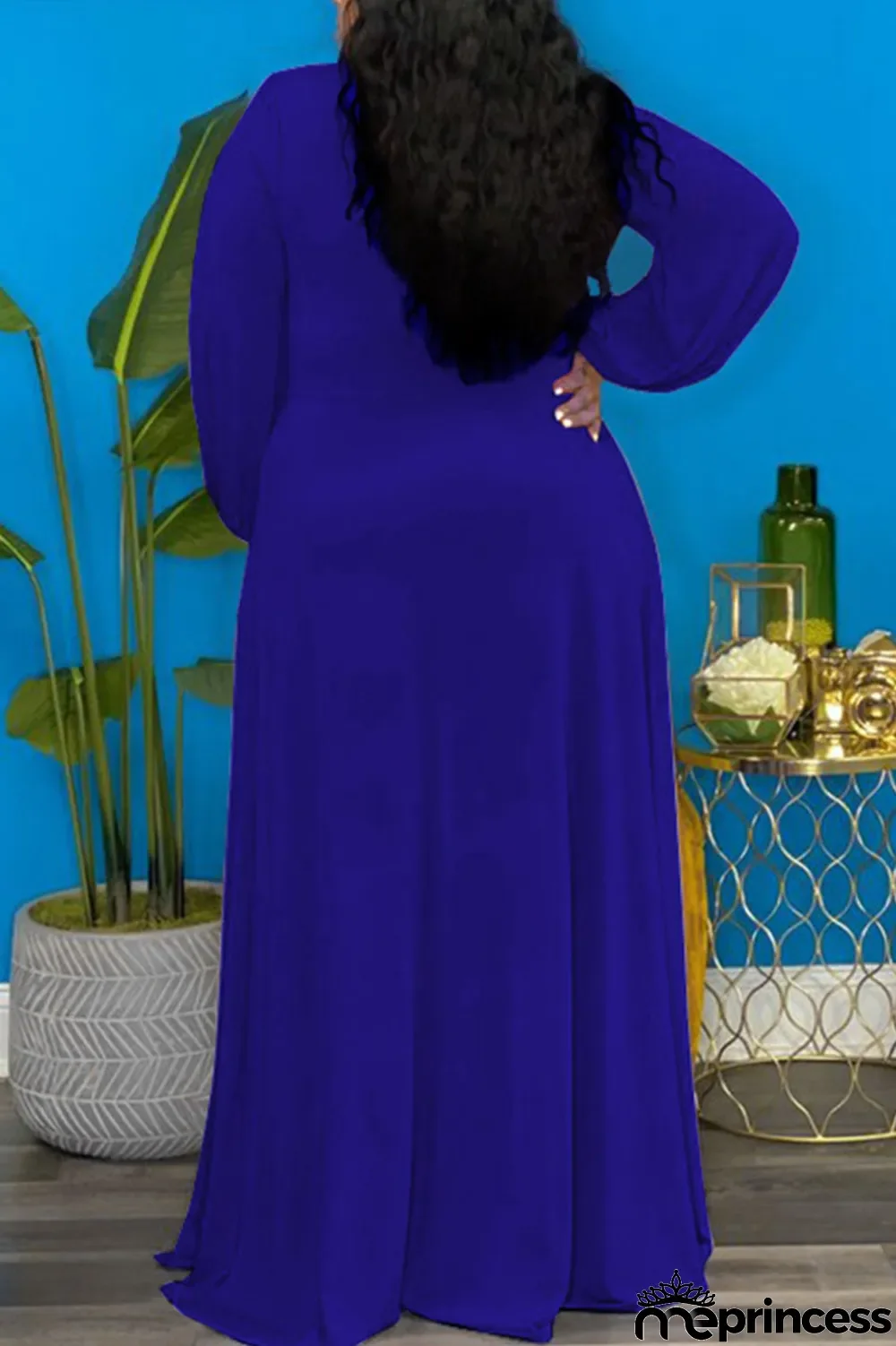Deep Blue Elegant Solid Split Joint Frenulum High Opening V Neck Long Sleeve Plus Size Dresses
