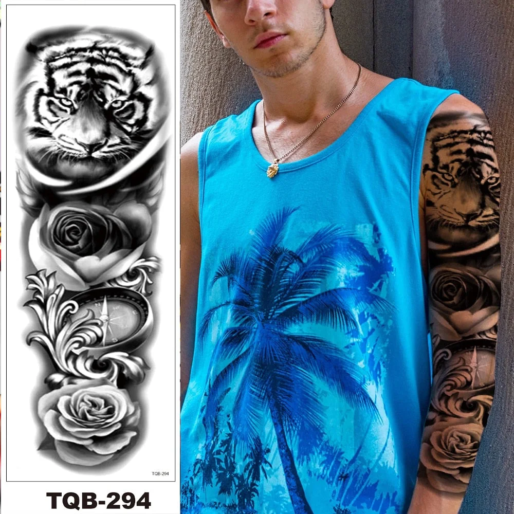 Full Flower Arm Temporary Tattoo Sticker Man Woman Girls Body Leg Fake Tatoo Sexy Tiger Wolf Beauty & Beast Body Art Hotwife DIY