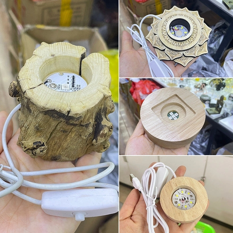 Crystal Ball Wooden Base Stump Root Lotus Round LED Light Decoration USB Night Light Desktop Decoration