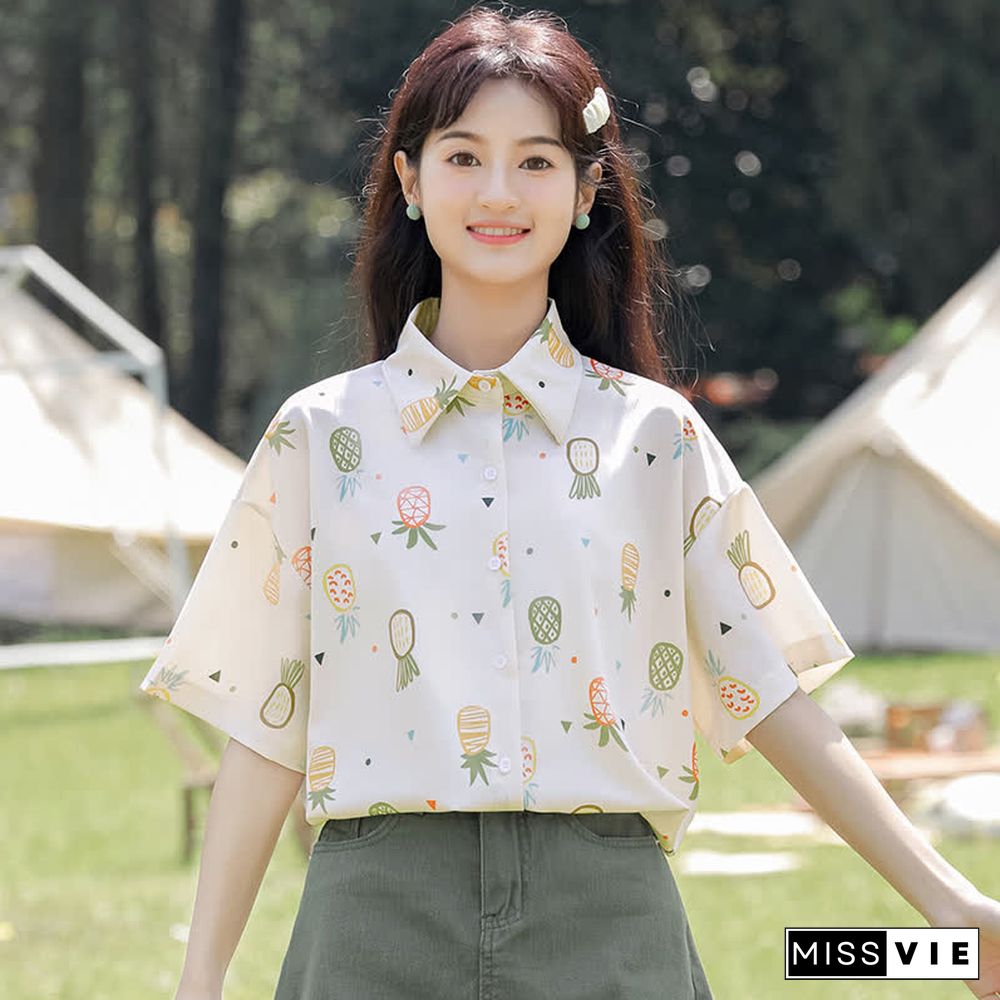 Vintage Pineapple Print Short Sleeve Casual Polo Shirt