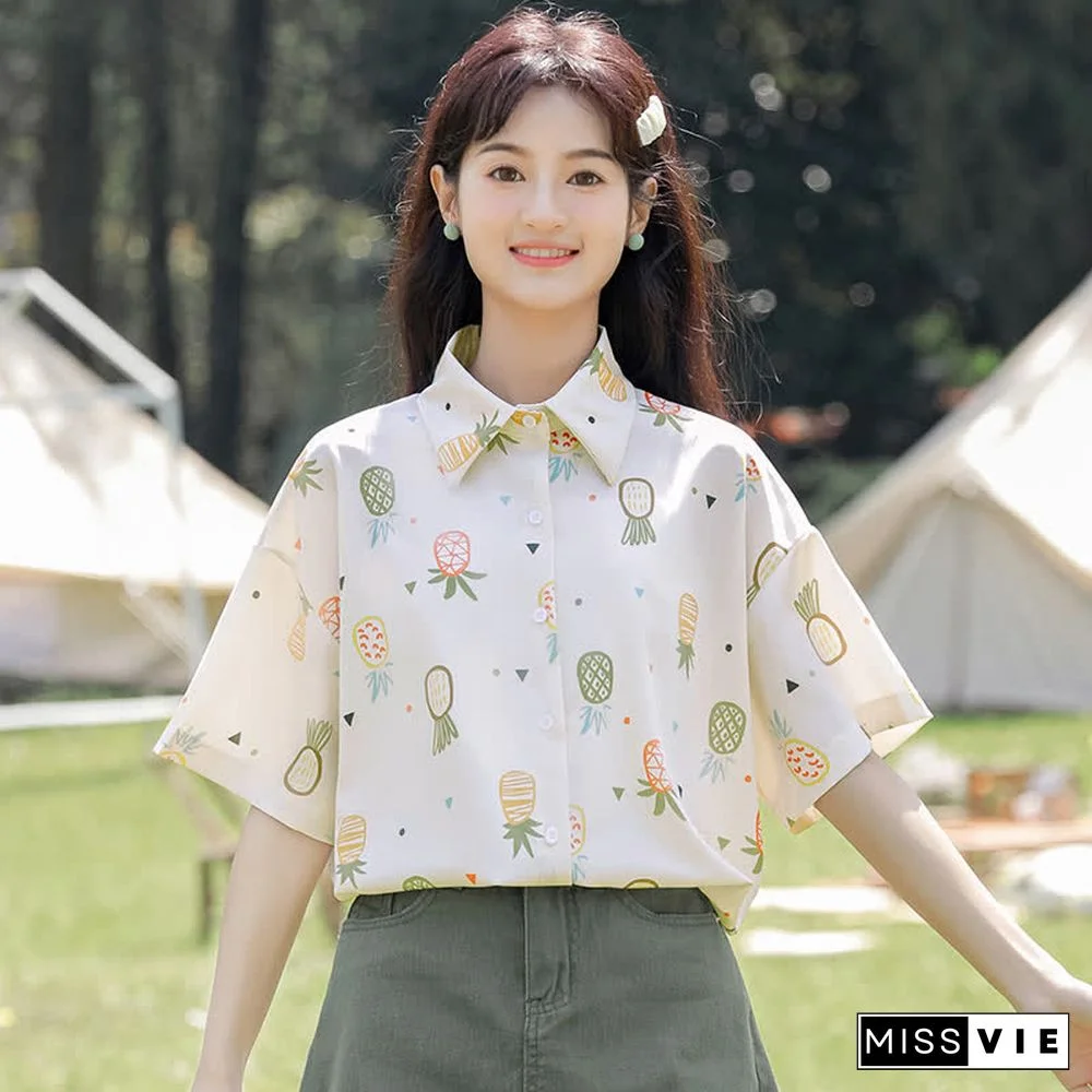 Vintage Pineapple Print Short Sleeve Casual Polo Shirt