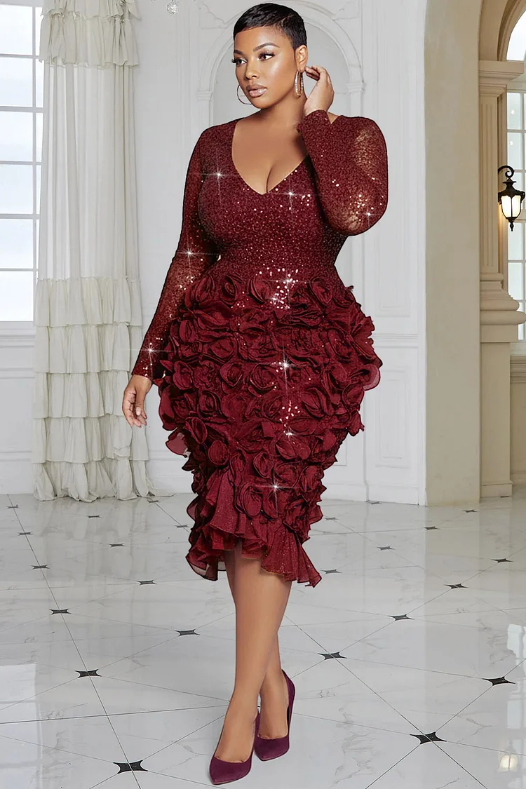 Xpluswear Design Plus Size Cocktail Party Burgundy V Neck Long Sleeve 3D Elegant Bodycon Sequin Midi Dresses  2024 - Xpluswear
