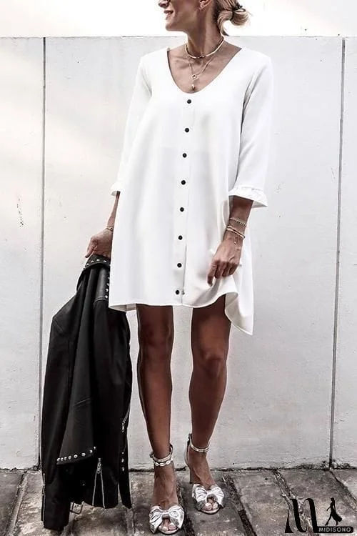 MidiSono - Button V Neck Loose Dress
