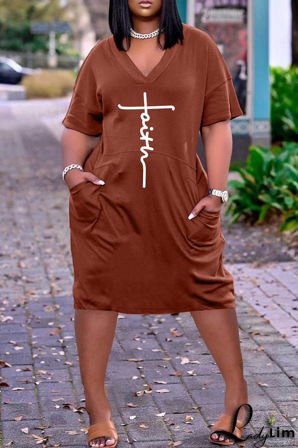 Red Fashion Casual Print Basic V Neck Short Sleeve Dress