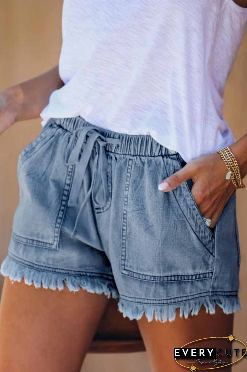 Lace-up Fringed Thin Denim Shorts