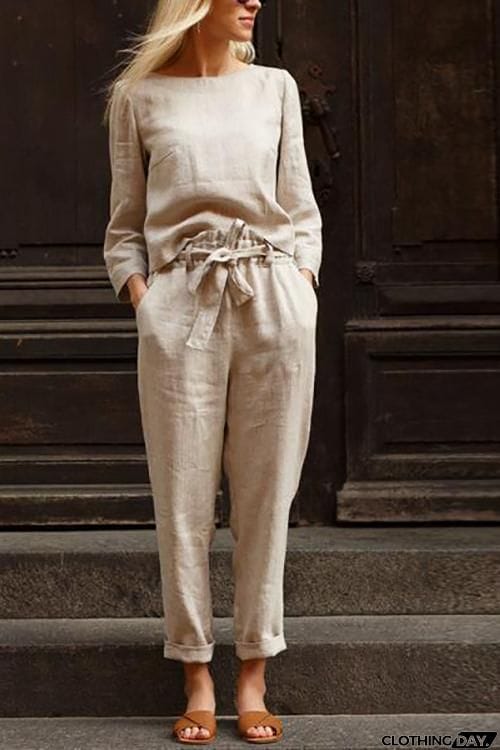 Linen O Neck Long Sleeve Pants Set