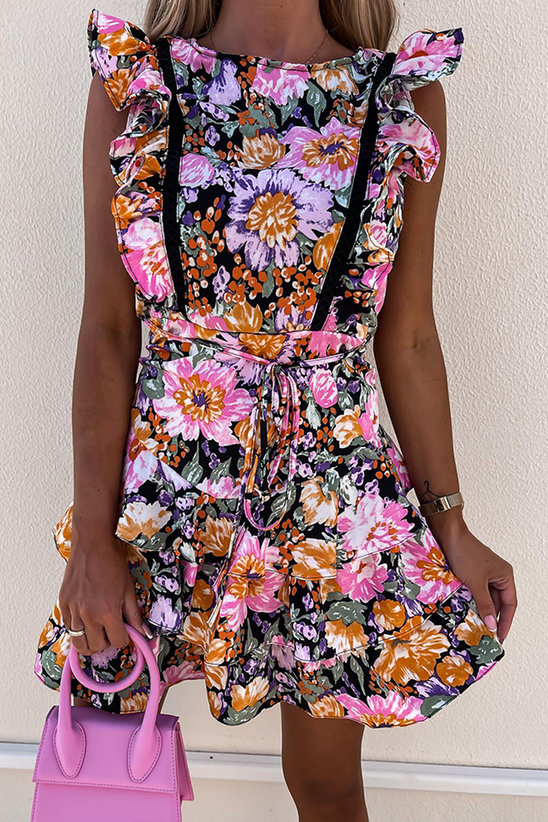 Fashion Print Flounce O Neck Cake Skirt Dresses