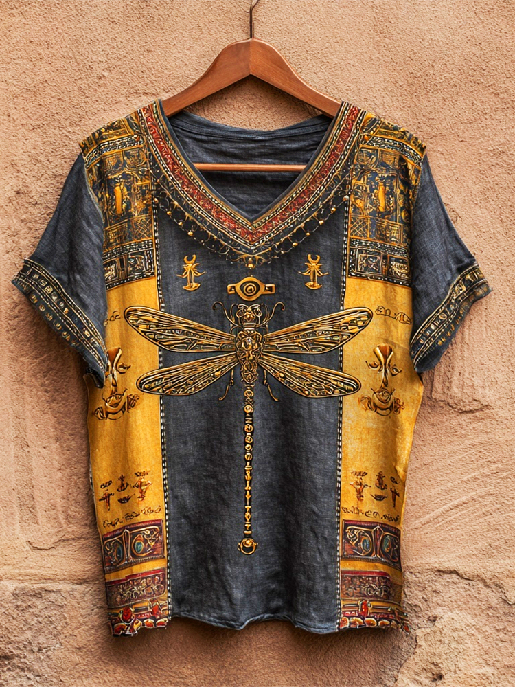 Comstylish Vintage Egyptian Dragonfly Ethnic Embroidery Women's Linen V-neck Shirt