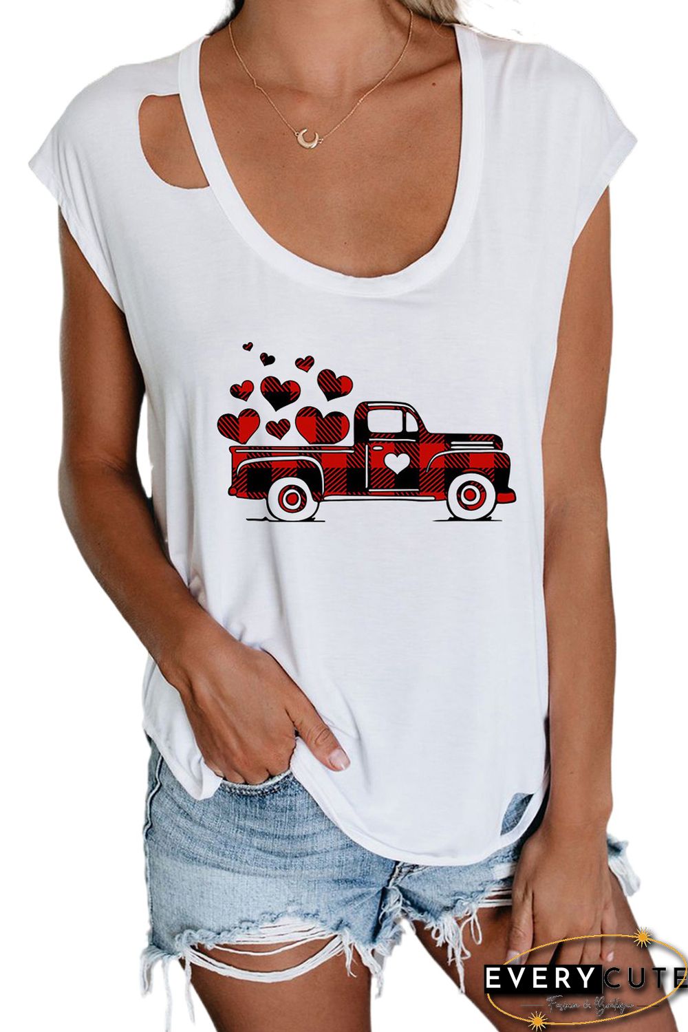 Valentine Buffalo Plaid Truck Print Cut out Tee