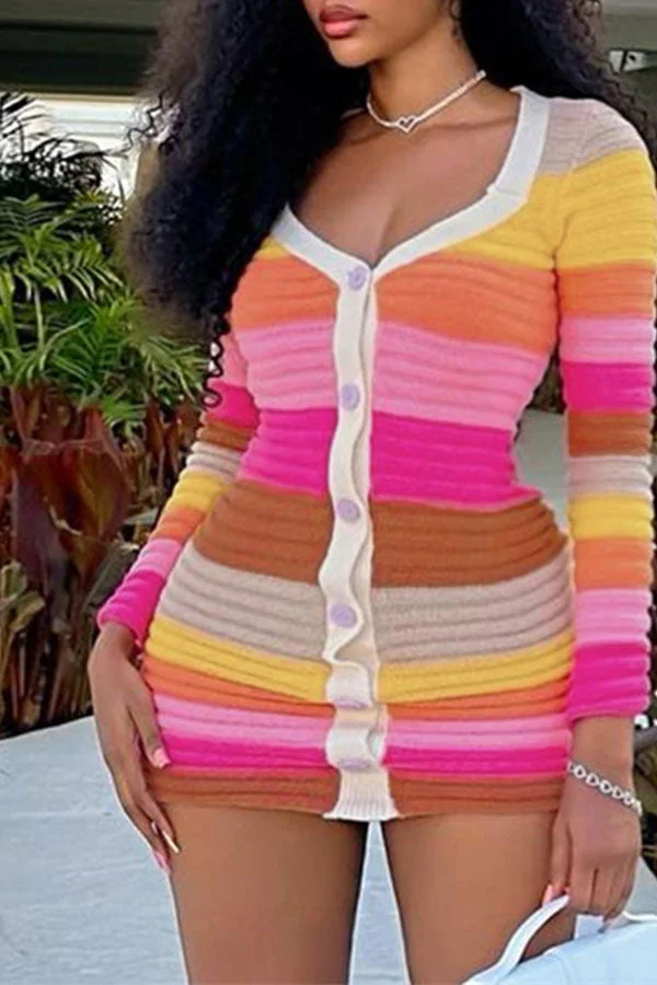 Rainbow Knitted Classic Button Down Mini Dress