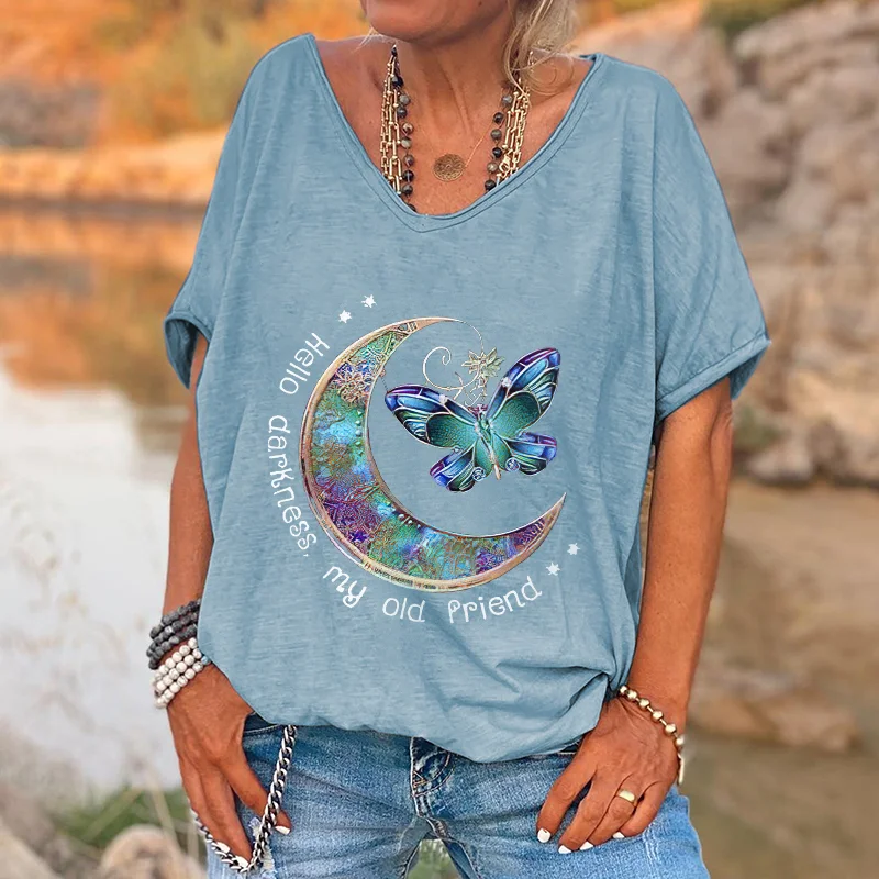 Oversized Hello Darkness My Old Friend Moon Butterfly Printed Women's Tees