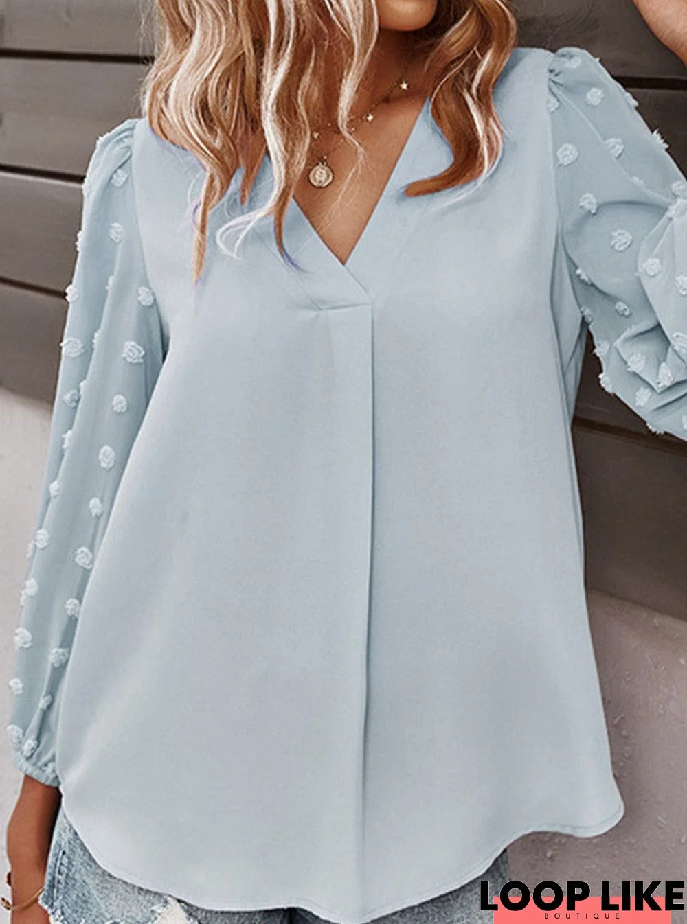 Loose Solid Color Long Sleeve V-Neck Blouse