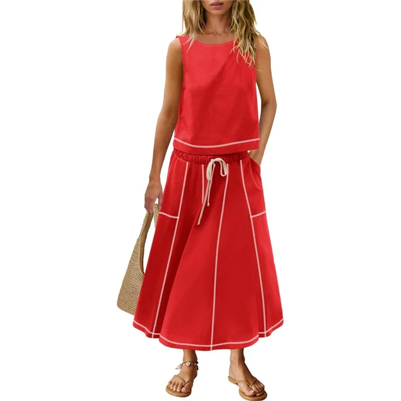 Athvotar Athvotar Hot 2025 New Summer Vacation Sleeveless Vest Half-Dress Cotton-Song Set Two-Piece Set