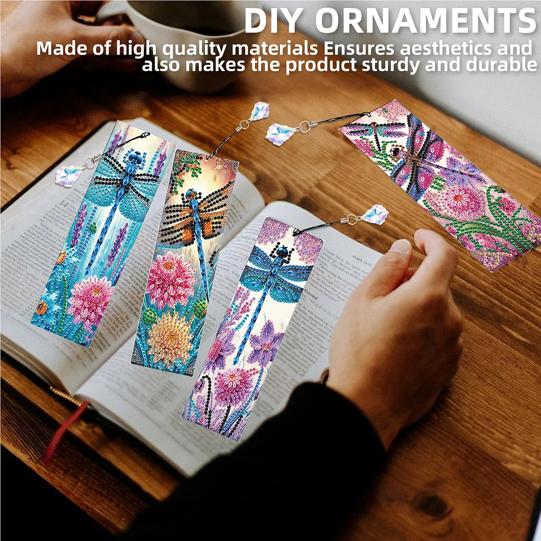 4Pcs Dragonfly Among Flowers DIY Diamond Bookmark Art Projects Irregular Shaped Diamonds Diamond Painting Art Bookmarks with Crystal Pendants for DIY Making Beginners Adult Art Craft Supplies