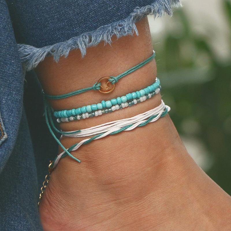 5pc/set Multi Layered Turquoise Chains Beach Anklet Foot Bracelet Set Ankle Jewelry For Women !!