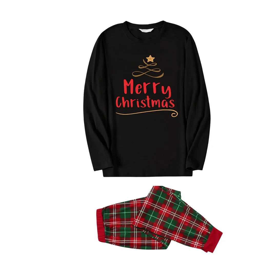 Merry Christmas Under Tree (Gold) - Black Top with Red & Green Plaid Pants Family Matching Pajamas