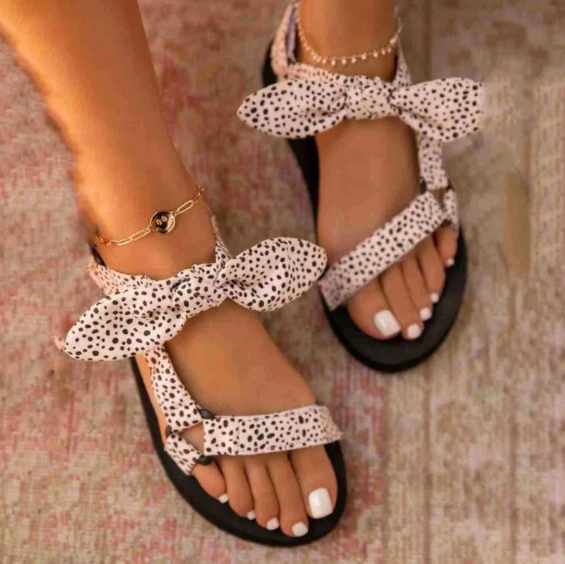 New Women Sandals Color Flat Casual Lace Up Bow Shoes for Ladies Summer Fashion 2021 Outdoor Leopard Beach  Mujer