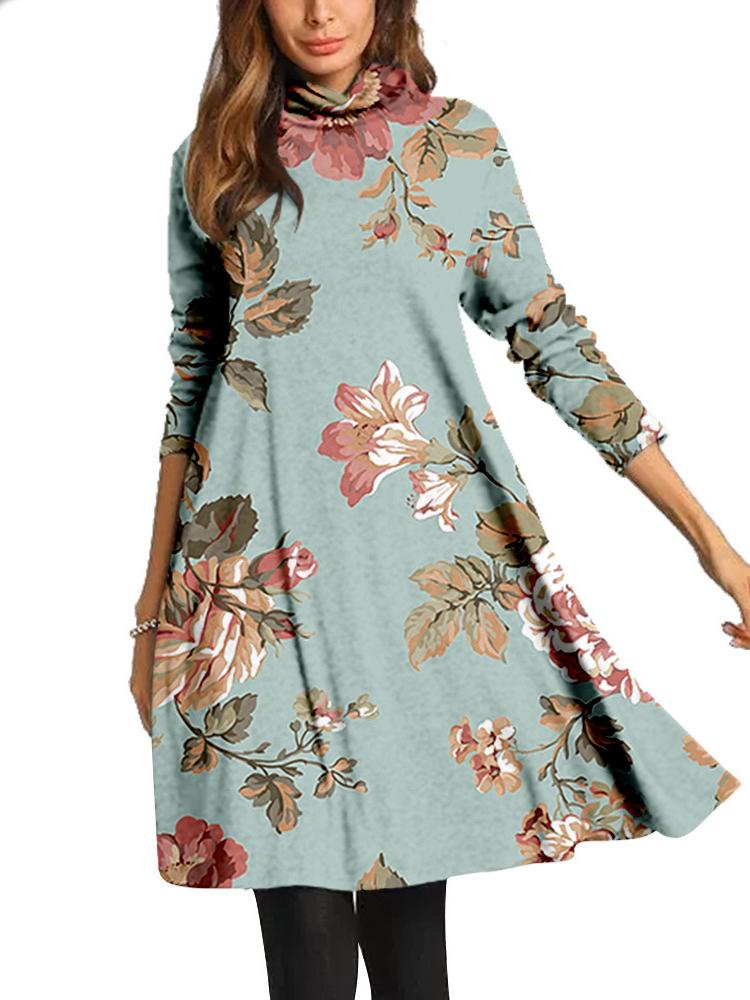 Women Long Sleeve Scoop Neck Printed Midi Dress