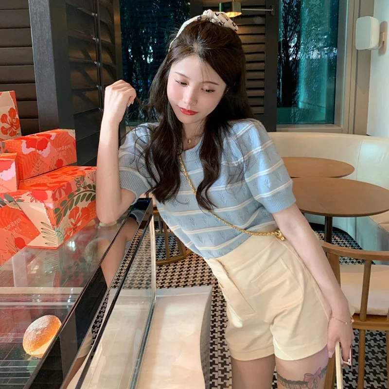 Uveng Uveng T-Shirt Knitted Loose Outer Wear Women's Summer New Ocean Gas Short-Term Age-Down Round-Neck Short-Sleeved Korean Version Of The Top