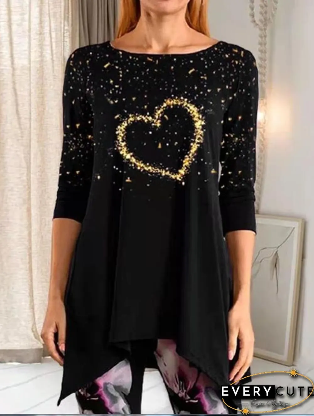Open Shoulder Heart Printed Asymmetrical Shirt