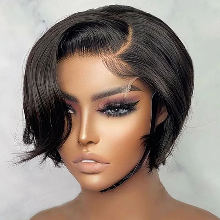 Glueless Human Hair Wigs Pixie Cut Straight Side Part Lace Front Wigs 8 Inch