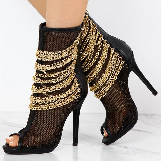 Women's Black Mesh Fashion Boots Metal Chain Stiletto Heel Ankle Boots |FSJ Shoes