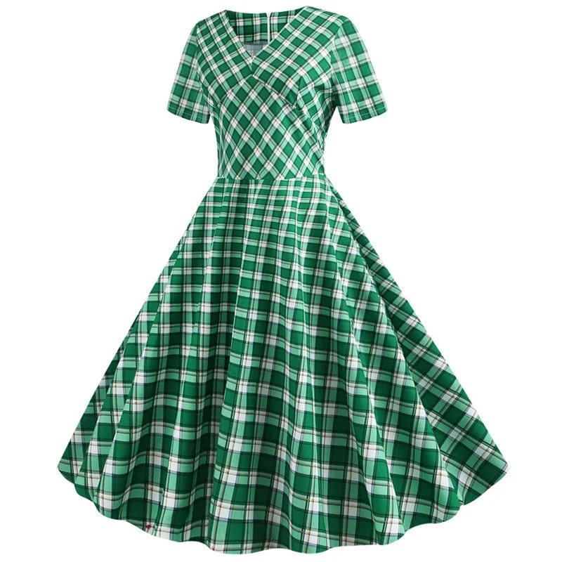 Plaid Print Short Sleeve Summer Vintage Dress Women 2022 Casual V neck Elegant Slim Office Party vestidos Robe Femme
