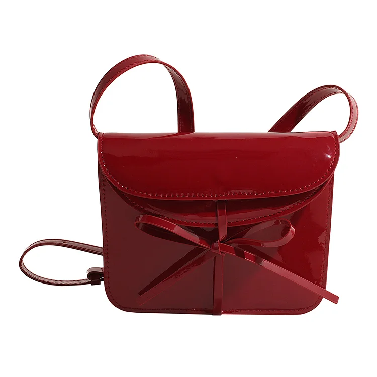 Shiny Patent Leather Crossbody Bag with Bow Square Handbag Vintage Messenger Bag