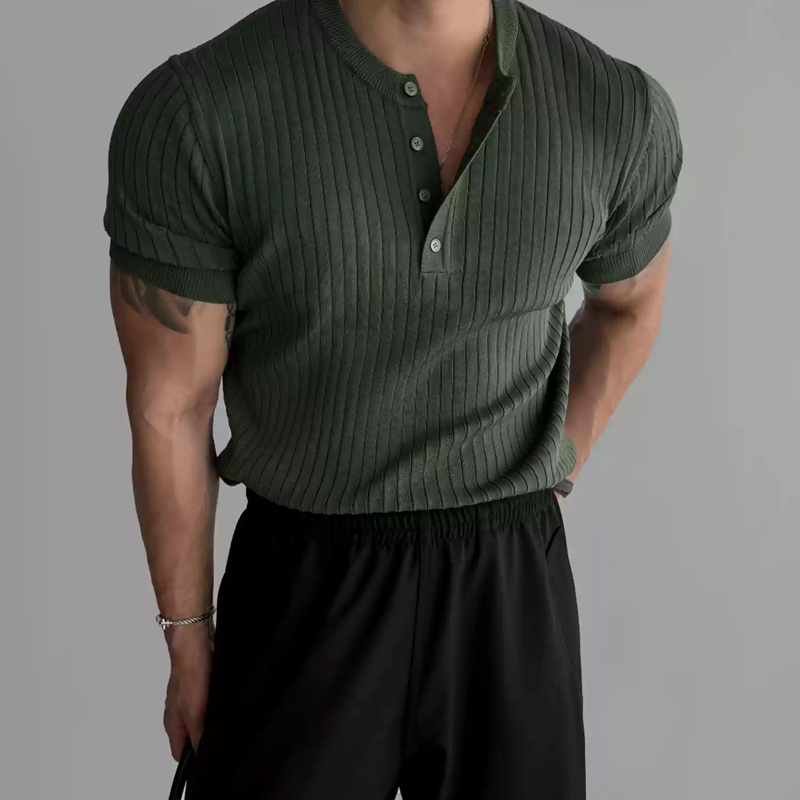 Men's Henley Neck Ribbed Short Sleeve T-Shirt