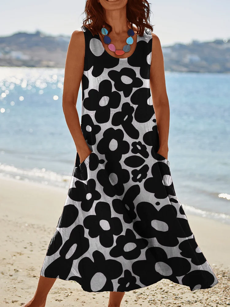 Black and White Floral Print Womens Pocket Pinafore Linen Dress socialshop