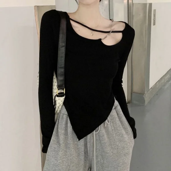 Long Sleeve Chain Irregular T-Shirt Top