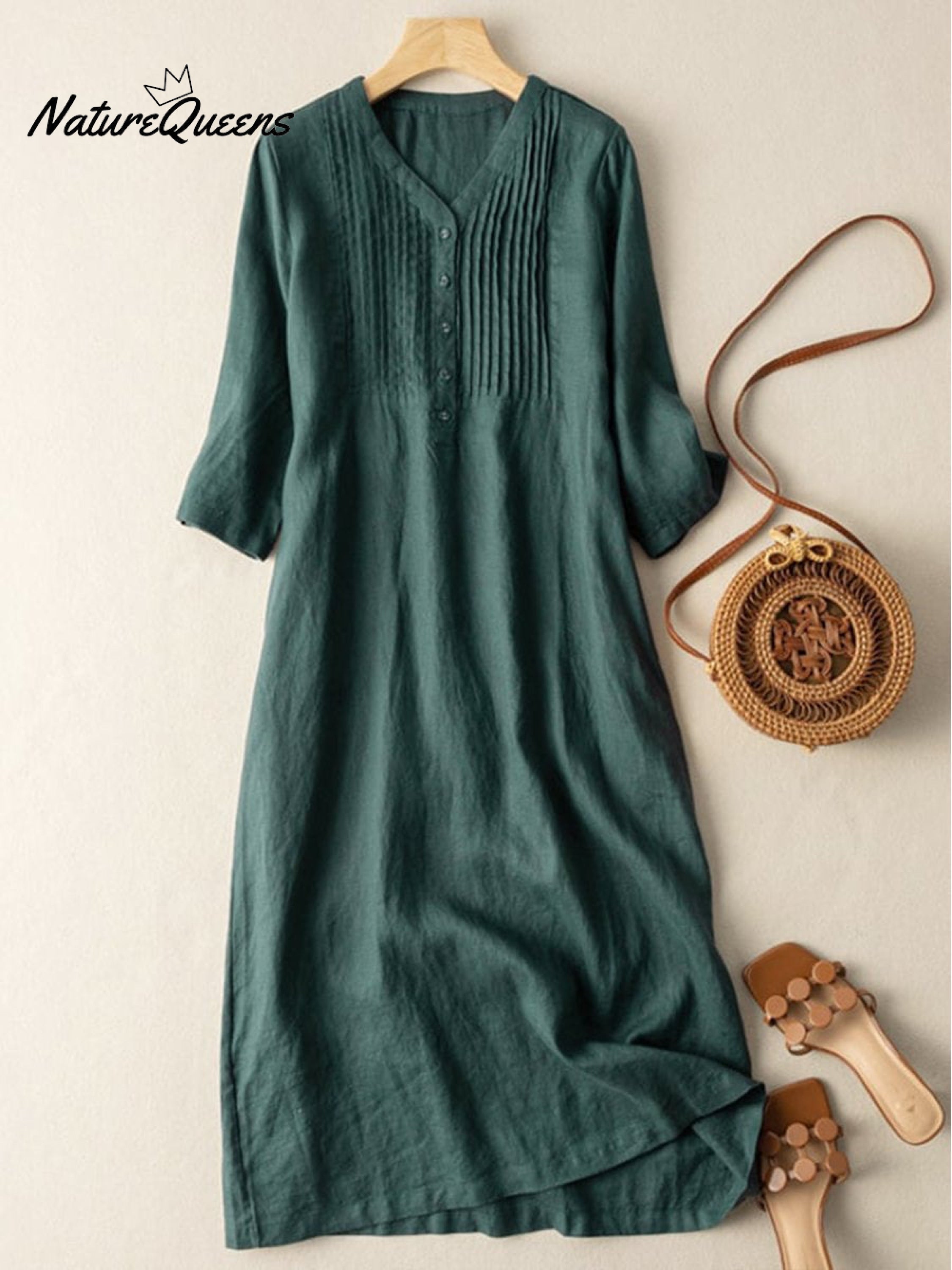 Cotton And Linen V-Neck Pleated Loose Dress mysite idetrend