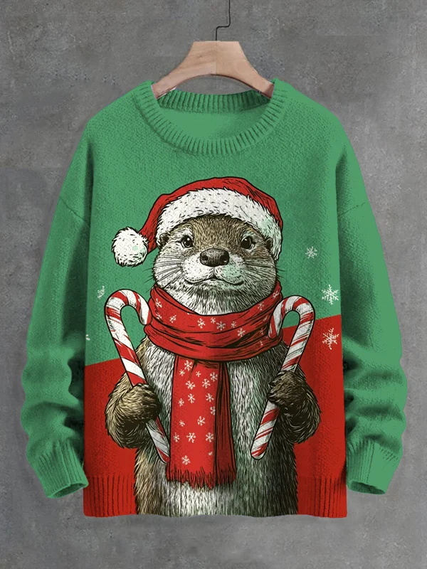 Men's Christmas Otter With Candy Canes Print Knit Sweatshirt