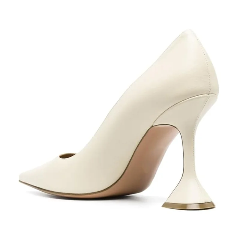 Ivory Vegan Leather Pointed Toe Flared Heel Office Pumps for Women