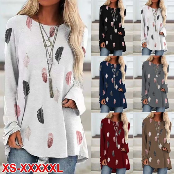 Womens Fashion Casual Feather Printed Long Sleeve Plus Size Tops T-shirt XS-5XL - BlackFridayBuys