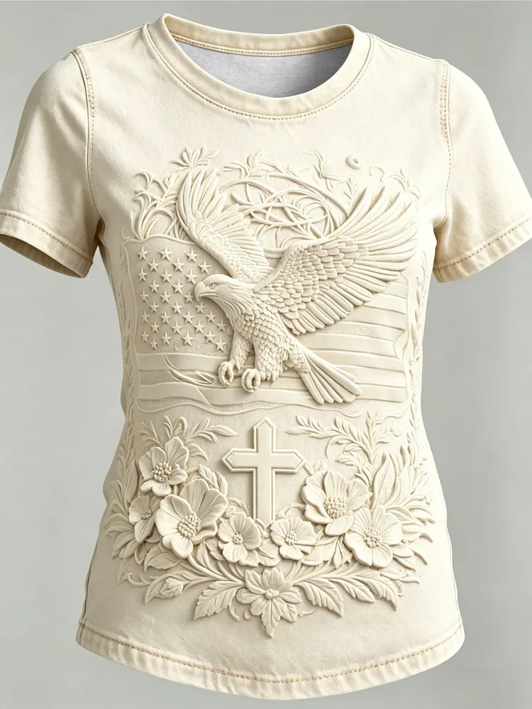 Women's U.S. 250th Anniversary Faux-Relief Print Casual Crewneck Top 