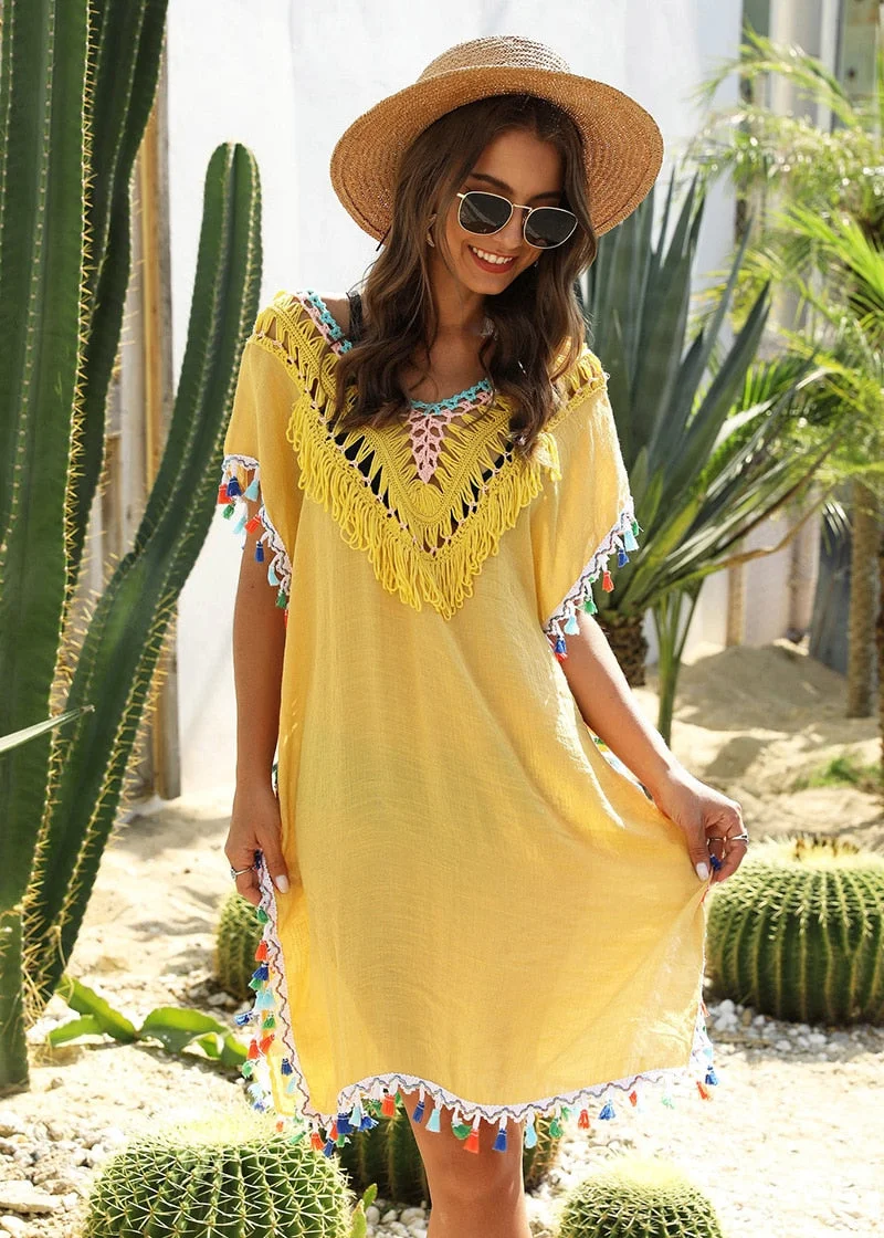 Fitshinling Handmade Crochet Beach Dress Backless Transparent Sexy Yellow Pareos Swimwear Bohemian Summer Holiday Tassel Robe
