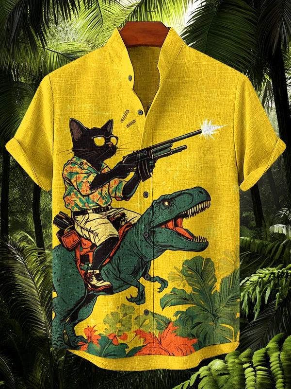 Men's Black Cat And Dinosaur Vintage Jungle Art Print Casual Shirt