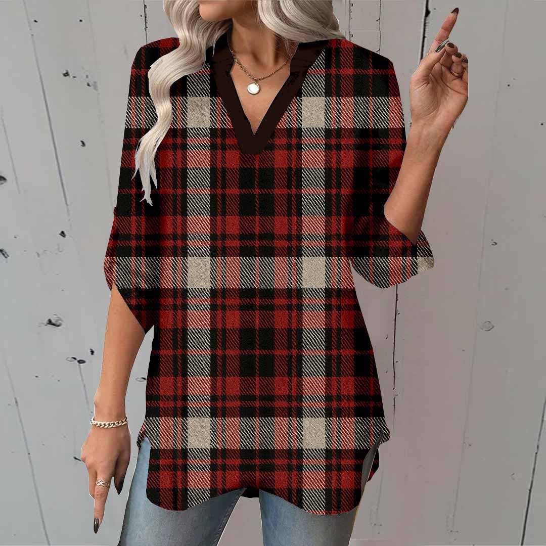 Women Checkered,Red,Green DZGA0307 3/4 Sleeve V-neck Printed Graphic Button Tops