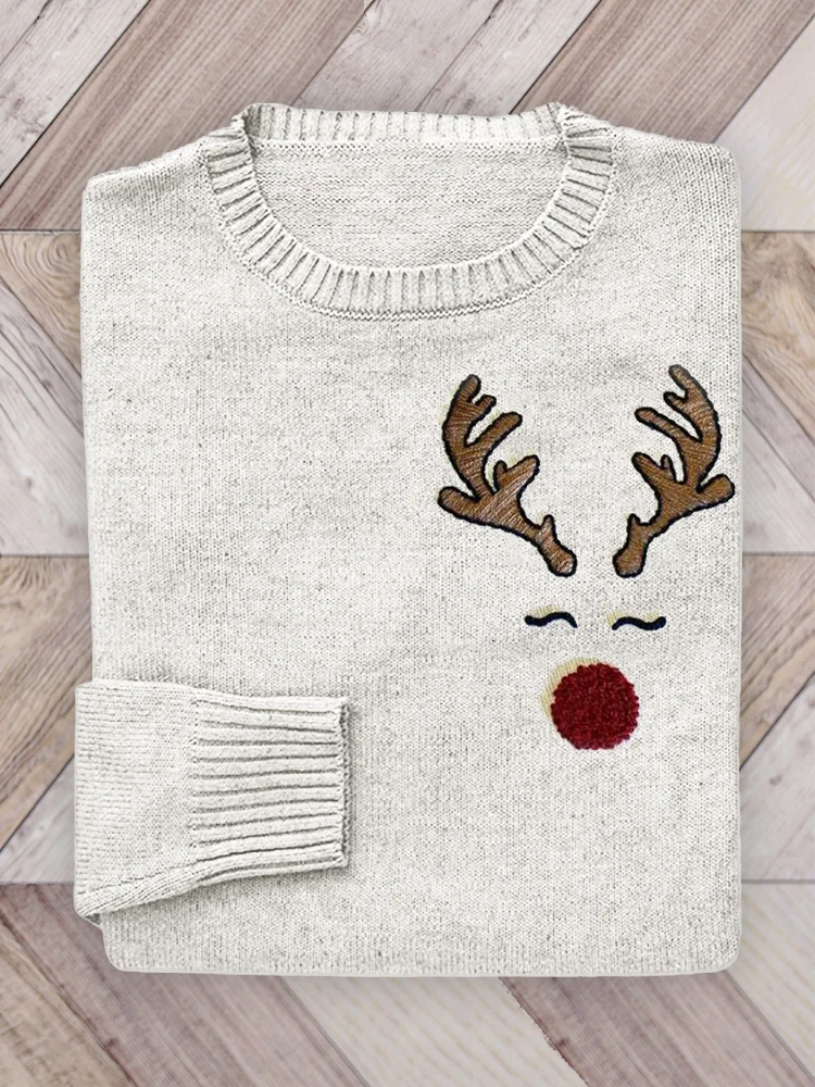 Lovely Christmas Reindeer Embroidery Art Cozy Knit Sweater