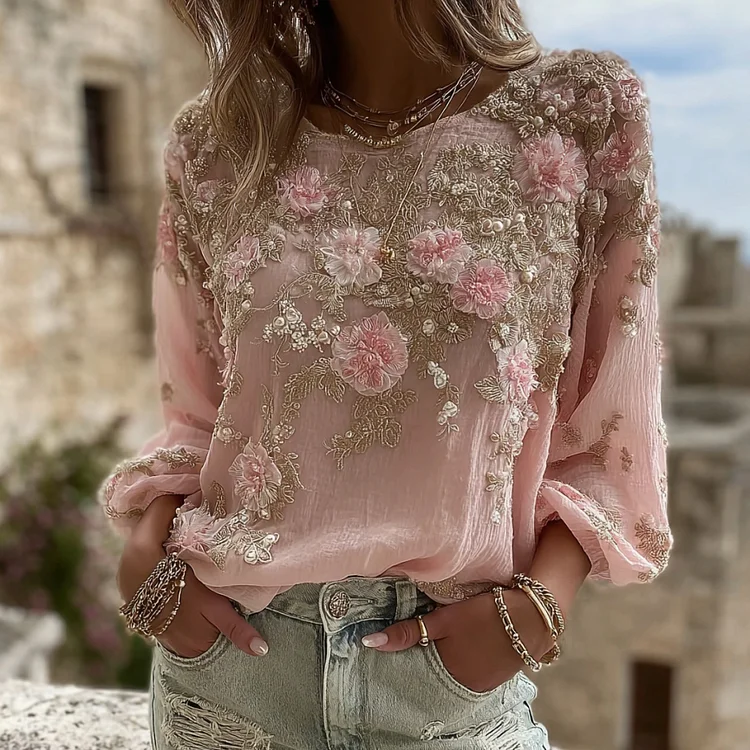 Women's Pink Flower Embroidery Art Print Round Neck Long Sleeve T-shirt