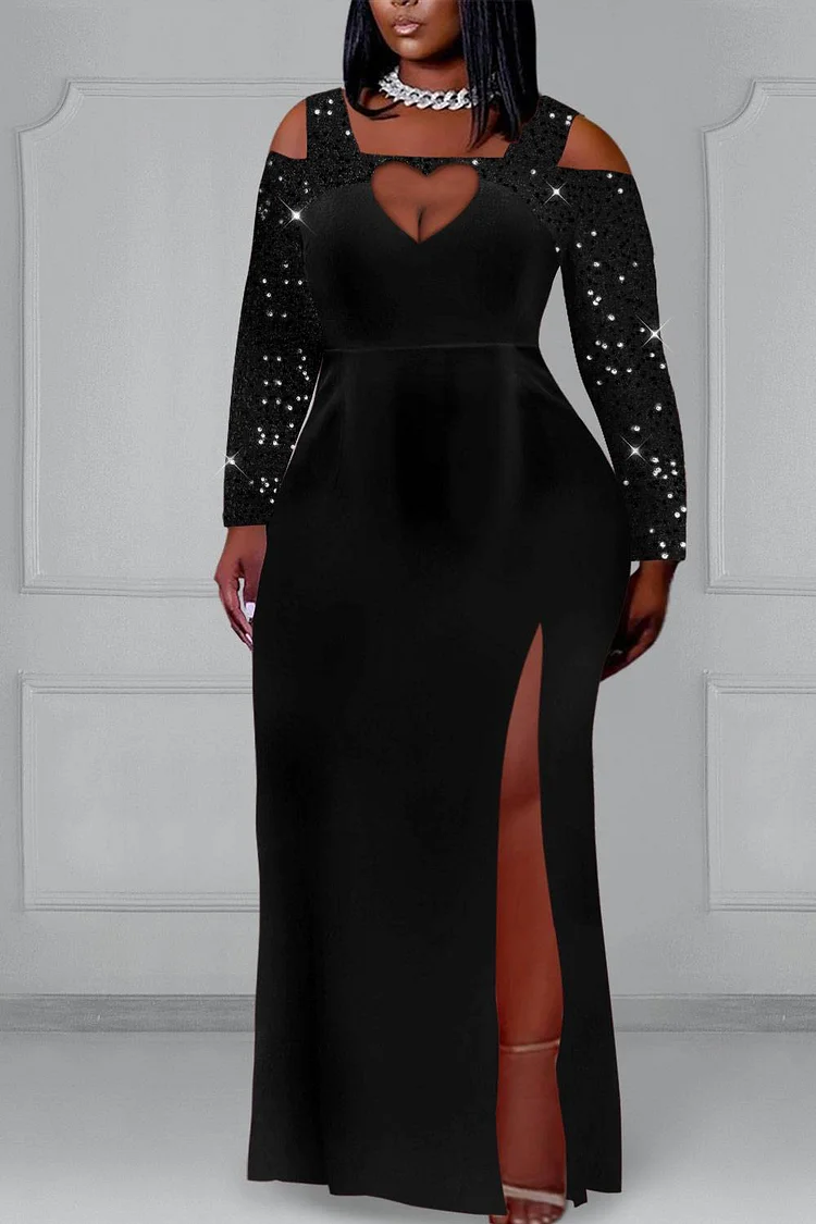 Plus Size Formal Maxi Dresses Black Fall Winter Square Neck Cold Shoulder Long Sleeve Split Sequin Maxi Dresses