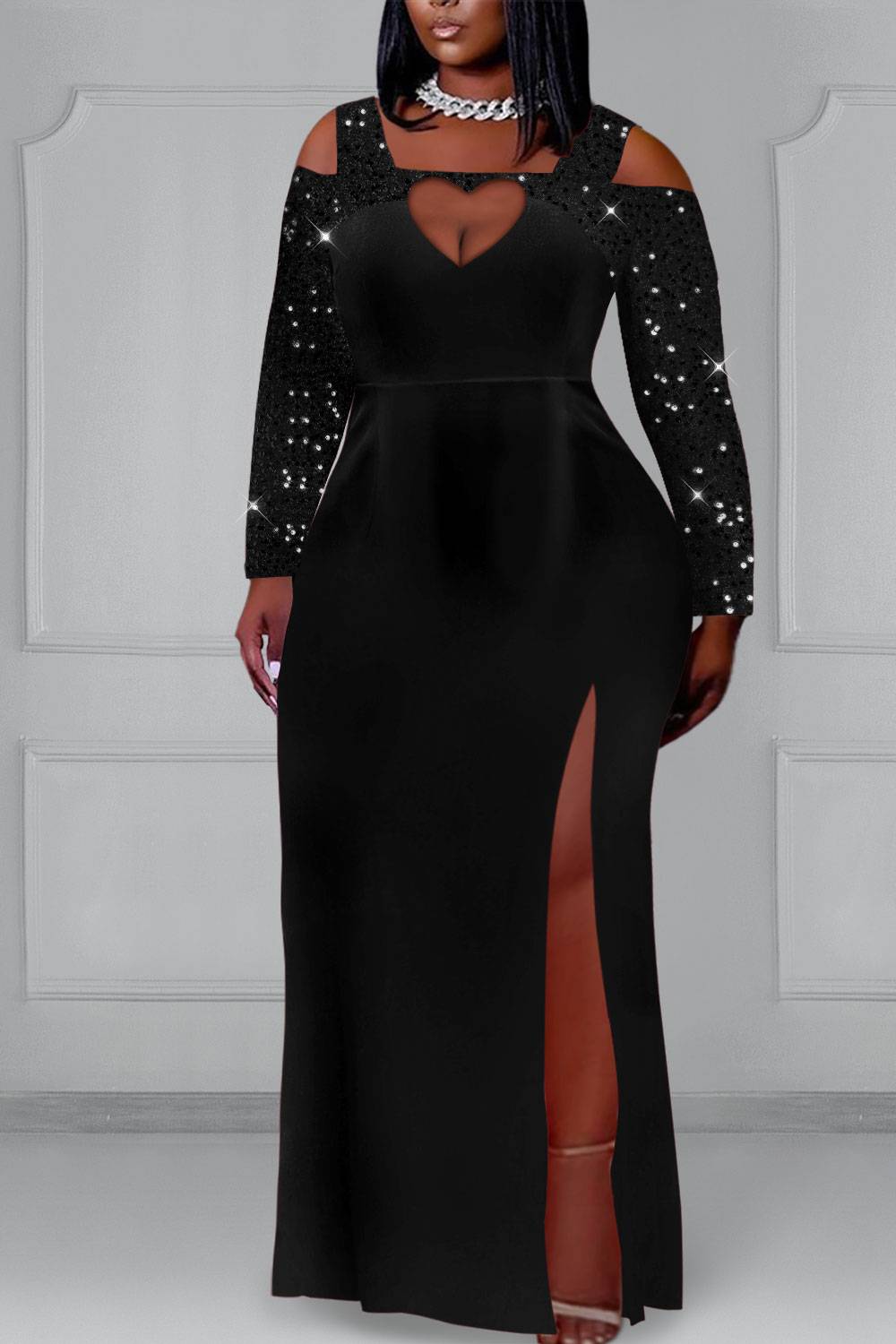 Plus Size Formal Maxi Dresses Black Fall Winter Square Neck Cold Shoulder Long Sleeve Split Sequin Maxi Dresses